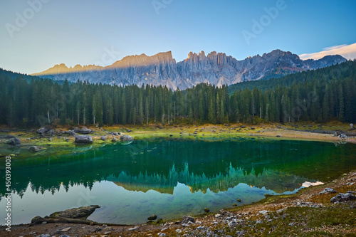 Carezza lake Lago di Carezza, Karersee with Mount Latemar, Bolzano province, South tyrol, Italy.