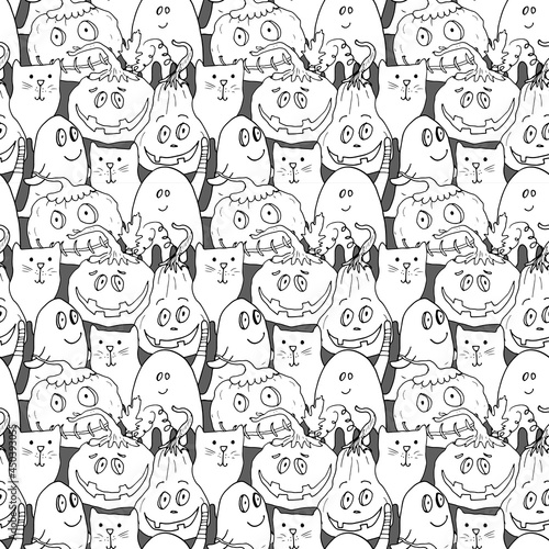Halloween seamless pattern design. Cute cartoon elements, holiday background, vector illustration