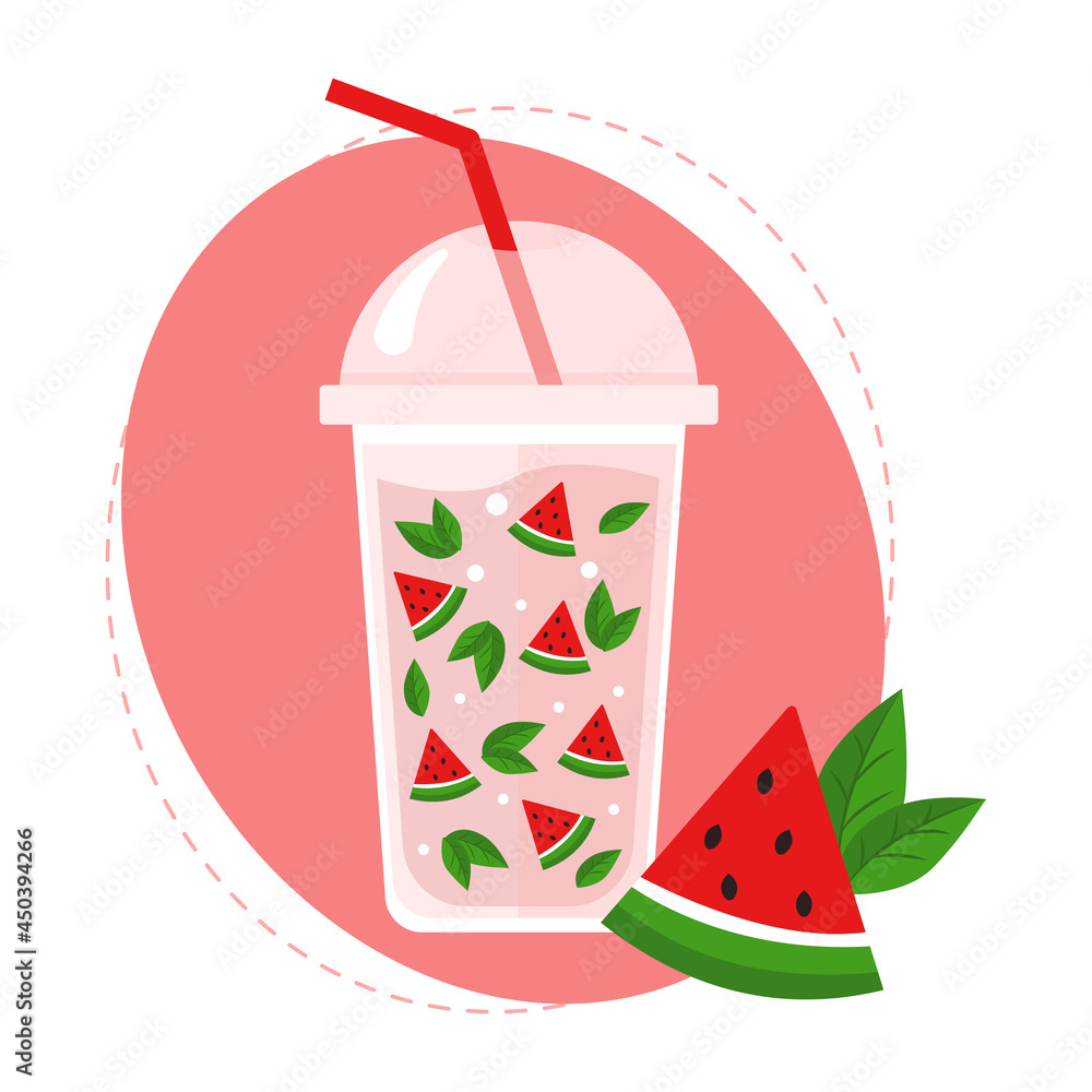 A glass with a drink. Watermelon and mint. Summer cocktail. Vector illustration A glass with a drink. Watermelon and mint. Summer cocktail. Vector illustration