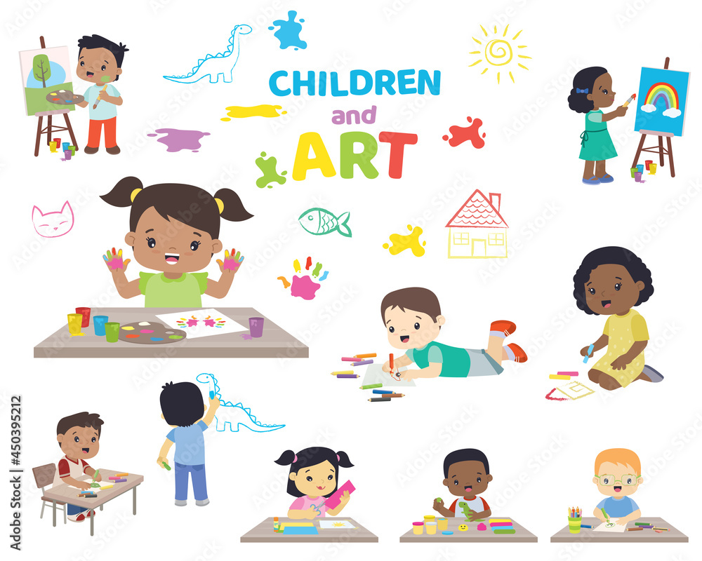 Multi-Ethnic School Children doing Arts and Crafts Big Set Flat Vector Illustration Multi-Ethnic School Children doing Arts and Crafts Big Set Flat Vector Illustration