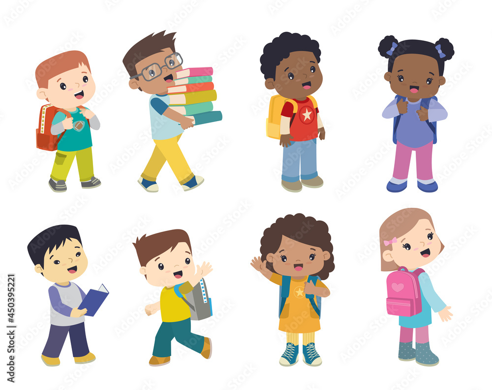 Multi-Ethnic School Children with School Bags Cute and Smiling Standing in Different Poses Flat Vector Illustration Set Multi-Ethnic School Children with School Bags Cute and Smiling Standing in Different Poses Flat Vector Illustration Set