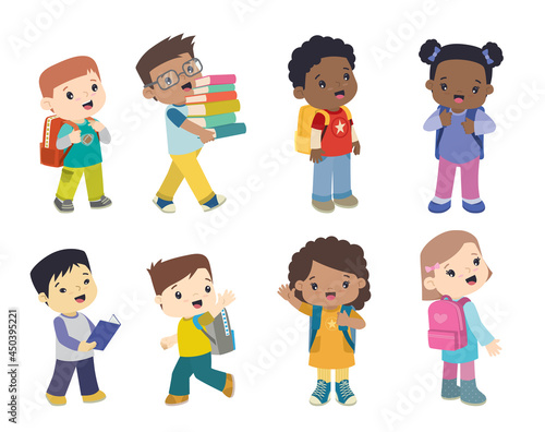 Multi-Ethnic School Children with School Bags Cute and Smiling Standing in Different Poses Flat Vector Illustration Set