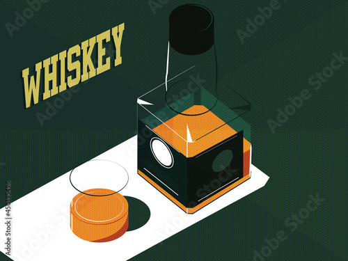 Whiskey. Vector 3d isometric, color web icons set, new flat style on green grunge background. Creative illustration design, idea for infographics.