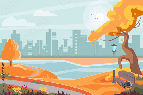 Autumn landscape of a park with a bench and a lantern overlooking the city. The cat on the bench. Background for inscription. Vector illustration.