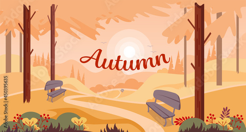 Autumn park with benches and lanterns. Coniferous forest. Hello autumn concept. Vector illustration.