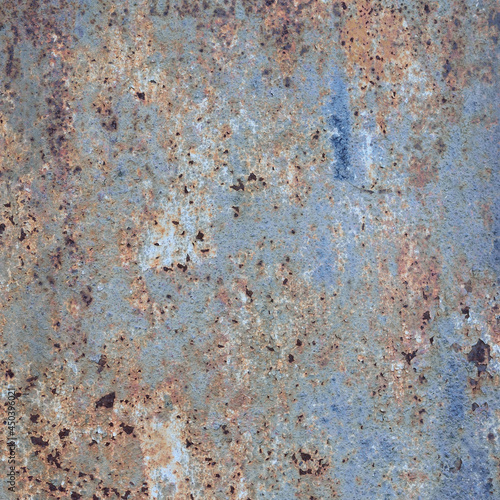 Old light blue painted grey rusty rustic rust iron metal background texture, vertical aged damaged weathered scratched plain paint patch plate, grunge pattern copy space macro closeup, scratches large