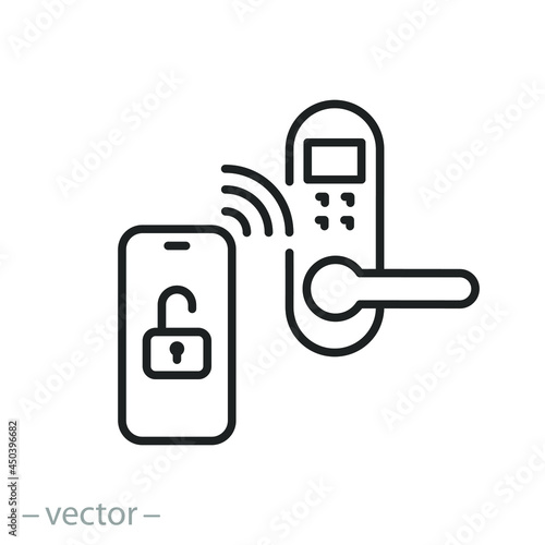 smart lock icon, phone key for unlock door and open, display device with digital access, automatic electronic opening, thin line symbol on white background - editable stroke vector illustration