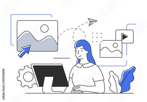 Young cheerful female character is working on computer in office. Concept of scenes with men and women taking part in everyday business activities. Flat cartoon vector illustration