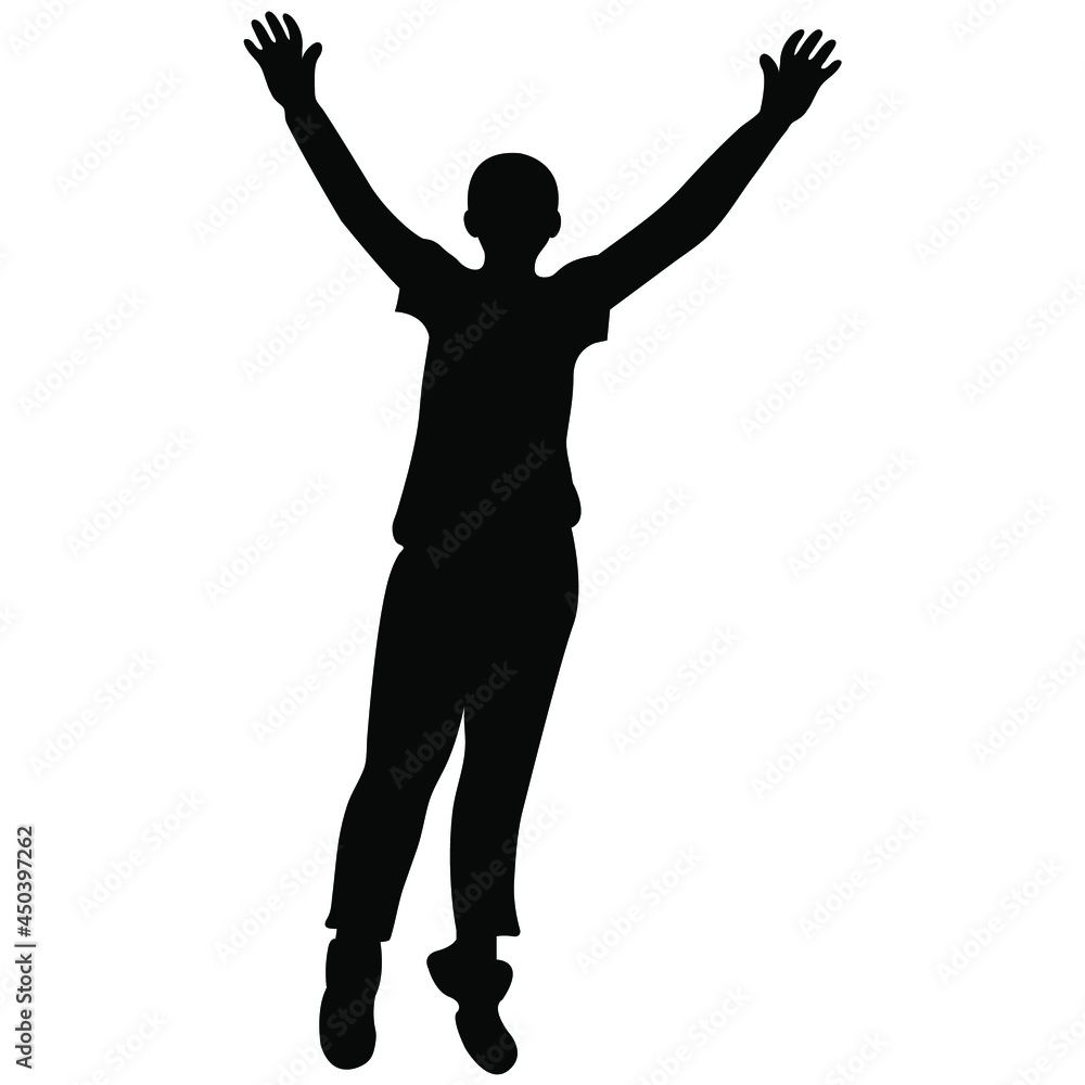 Silhouette of a man, a boy of black color in a jump with his hands up. Flat style. Vector image isolated. Silhouette of a man, a boy of black color in a jump with his hands up. Flat style. Vector image isolated.