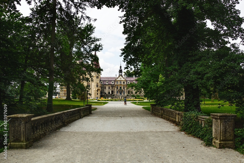 Bridge to the castle across the water channel. Moszna. Poland. 