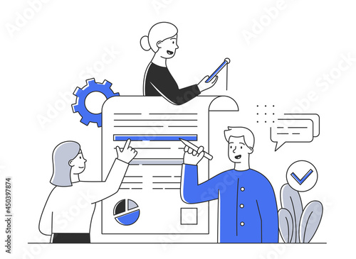 Young male and female characters are editing document with pencil in office together. Concept of scenes with men and women taking part in everyday business activities. Flat cartoon vector illustration