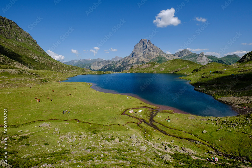 Fototapeta premium tent camp next to Gentau lake, Ayous lakes tour, Pyrenees National Park, Pyrenees Atlantiques, France