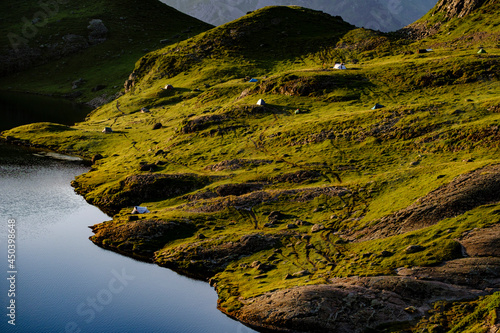 tent camp next to Gentau lake, Ayous lakes tour, Pyrenees National Park, Pyrenees Atlantiques, France