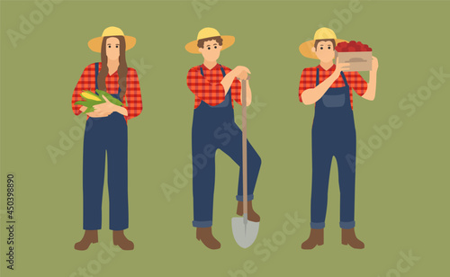 farmers in plaid shirt overalls and straw hat with vegetables