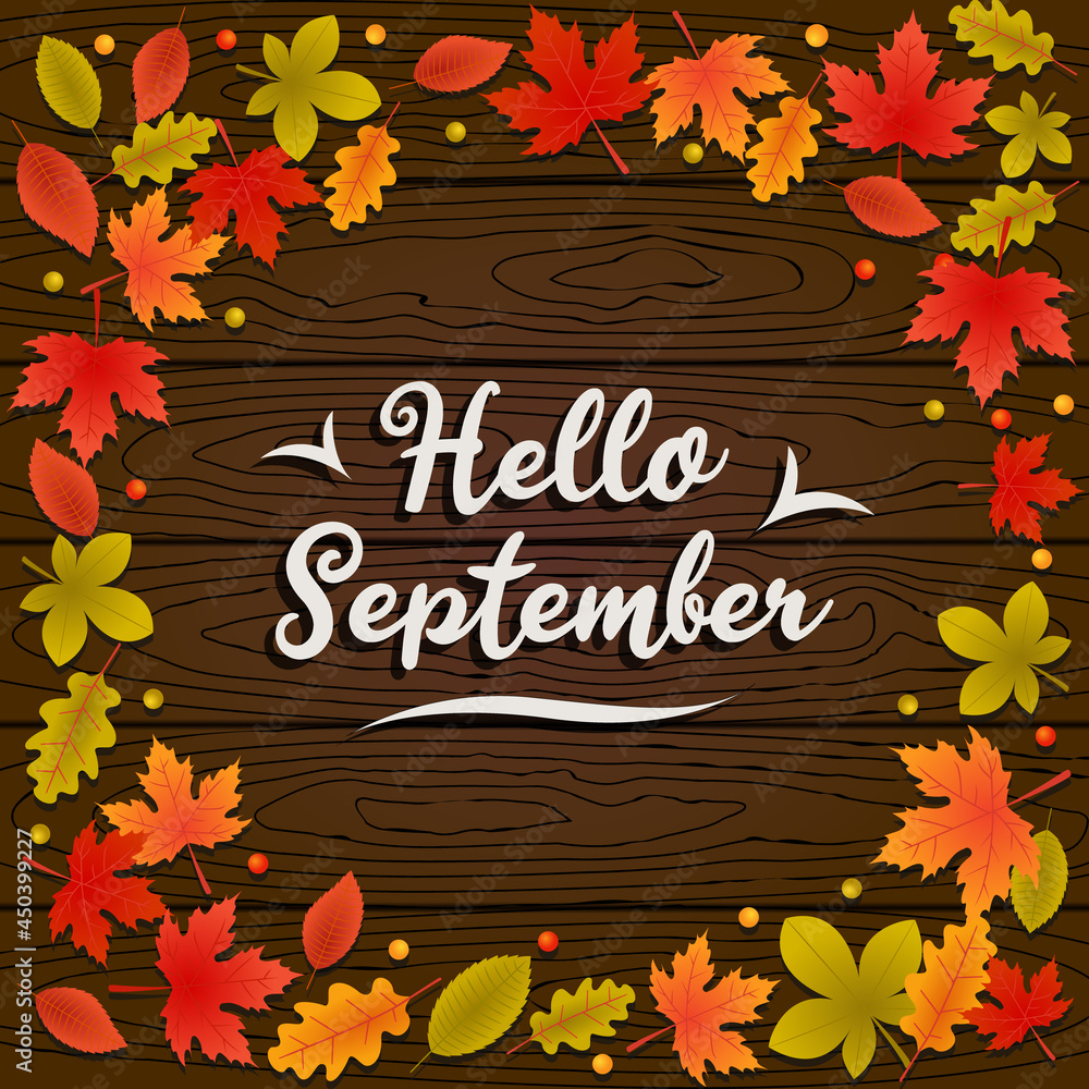 Hello September autumn background with fallen leaves on wood floor illustration
