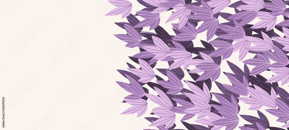 Fototapeta premium Floral web banner with drawn color exotic leaves. Nature concept design. Modern floral compositions with summer branches. Vector illustration on the theme of ecology, natura, environment