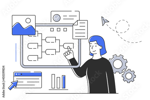 Young cheerful female character is working on document with infographics in office. Concept of scenes with men and women taking part in everyday business activities. Flat cartoon vector illustration