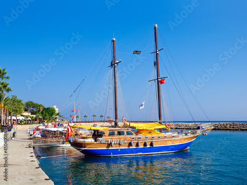 Pleasure yacht in marina of Side town, Turkey
