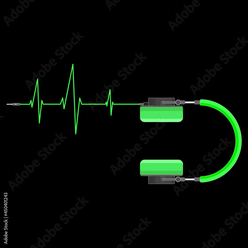 Green headphones with heartbeat icon. Music studio or DJ earphones neon style pulse symbol. Vector illustration.