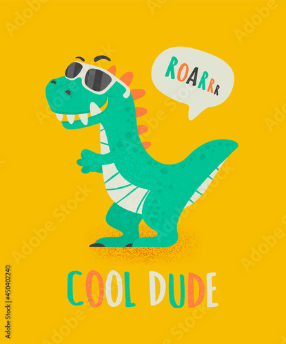 Cool Dude Dinosaur Tirannosaur Three Rex. Cartoon Tirex. Card for a Child. Vector Cute and Funny Cartoon Hand Drawn Dinosaur with Sunglassess  Children s Illustration  Print for Kids