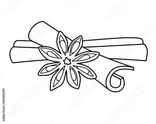 Star anise and Cinnamon sticks - spices vector linear illustration for coloring or logo. Outline. Spices - cinnamon and star anise - element for coloring book or sign.