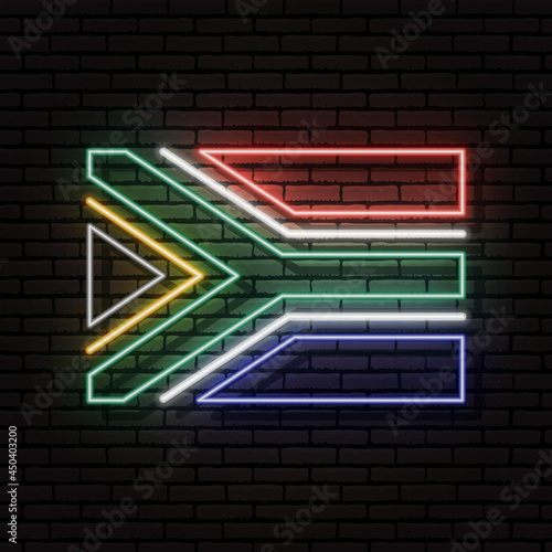 Neon sign in the form of the flag of South Africa Republic. Against the background of a brick wall with a shadow. For the design of tourist or patriotic themes. The African continent