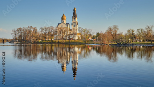 Panorama of Petrovskaya Embankment and the Orthodox Cathedral in Sestroretsk near the lake. photo