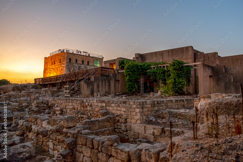 Dionysus house and Crusader Fortress at sunset at Tzipori National Park in Israel
