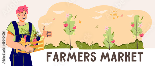 Farmers market and harvest festival banner or flyer template. Eco farm and fresh vegetables and fruits delivery shop. Local market, or and vegan food, cartoon vector illustration.