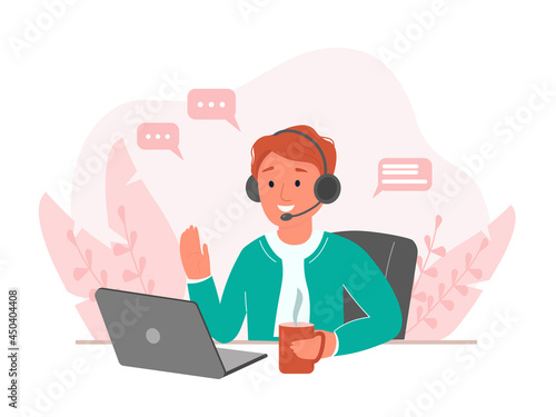 A young man, a freelancer works on a computer, laptop, communicates virtually from home. The concept of a webinar, a call center, a remote life during quarantine. Vector graphics.