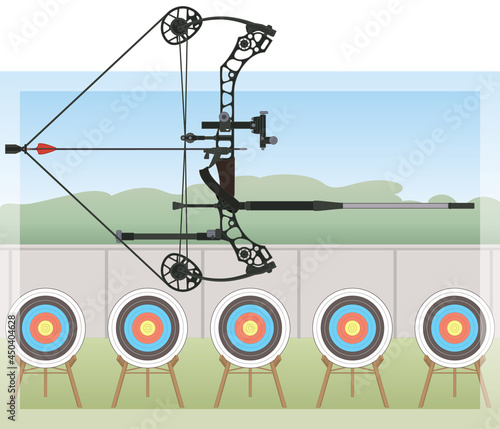 archery compound bow and arrow with row of targets in an outdoor background