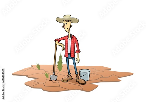 A farmer standing on the soil cracked by drought. Vector illustration on the topic of drought, crop failure, natural disasters.