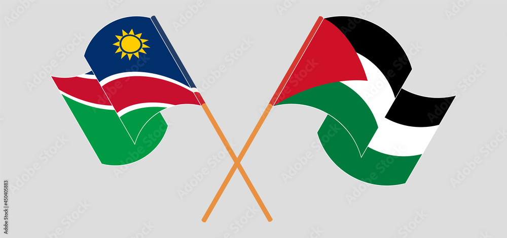 Crossed and waving flags of Namibia and Palestine Crossed and waving flags of Namibia and Palestine