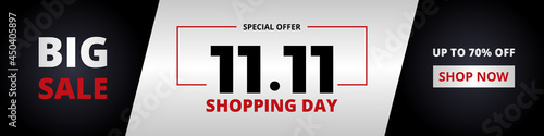 11.11 Shopping day big sale promotion wide horizontal banner. 11 november sale banner design template. Big sale limited time offer for social media post shopping day banner. Vector illustration