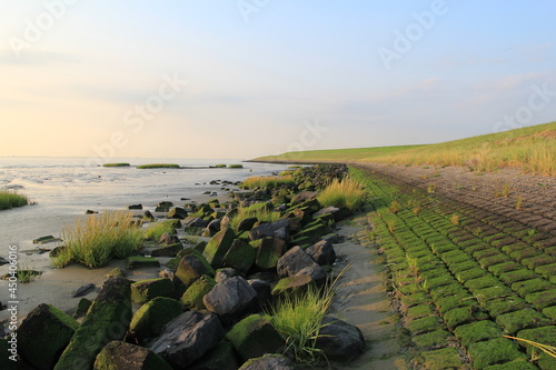Slika na platnu a dutch coast landscape of the westerschelde sea in zeeland with stones and gree