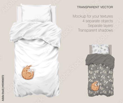 Vector blank white bed mock up for your design and fabric textures. Pillows and blanket with transparent shadows. Orange cat slipping on the bed. View from the top