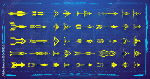 Set of futuristic HUD, FUI arrows. Futuristic interface hud design elements. Arrows, pointers, direction. Set of holographic arrows, pointers, direction for infographics or game. Vector illustration