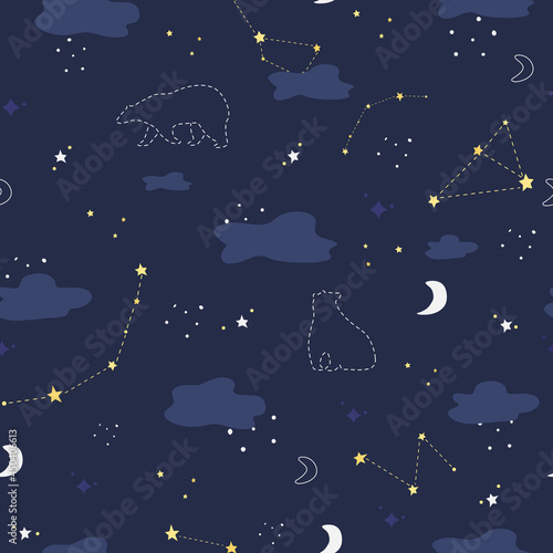 Cartoon seamless pattern with night sky, polar bear and constellations, clouds, crescent moon and stars, ursa major.