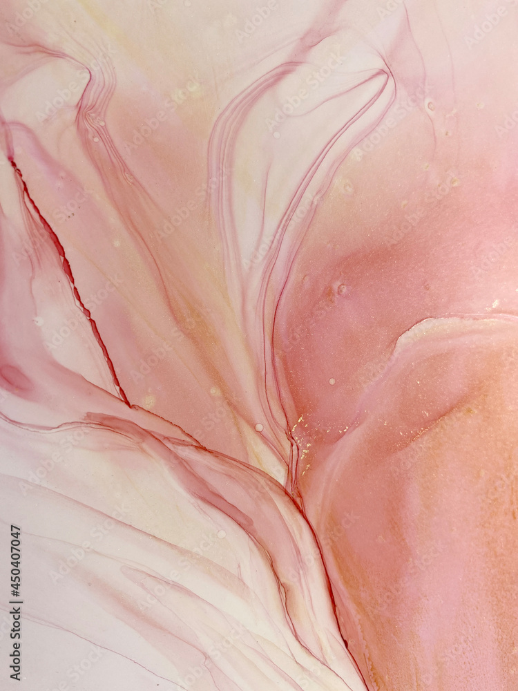 Abstract pink art with gold — pink background, beautiful smudges and stains made with alcohol ink and golden paint. Rose fluid texture resembles petals, butterfly wing, watercolor or aquarelle.