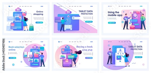 Collection of mobile app landing pages. People use mobile apps for online shopping, data storage, data protection. Cartoon flat characters