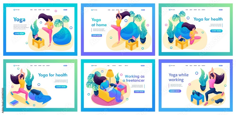 Collection of landing pages Isometric about meditation. The girl does yoga, meditates, pumps internal installations, money meditation, healing meditation