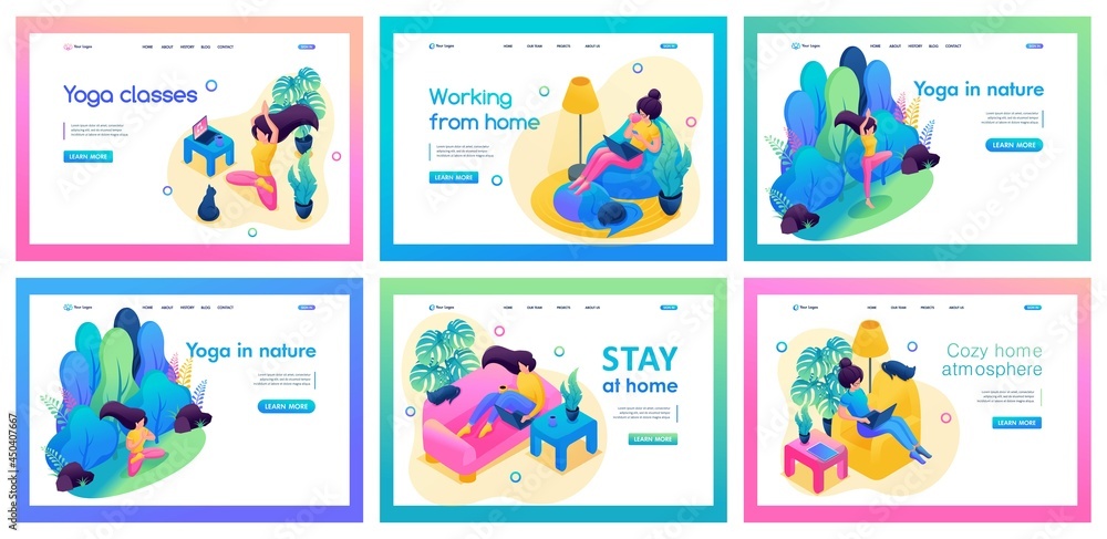 Collection of landing pages about self-isolation. Girl does yoga, meditates, works, chats, plays sports. Isometric
