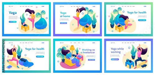 Collection of landing pages Isometric about meditation. The girl does yoga, meditates, pumps internal installations, money meditation, healing meditation