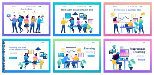 Collection of successful team Landing Pages. Men and women participate in business meetings, negotiations, brainstorming sessions, achieve success, and planning. Teamwork concepts