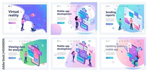 Collection of landing pages. Men and women use Mobile apps. Virtual reality, Setting reports, data analysis, data storage. Isometric characters