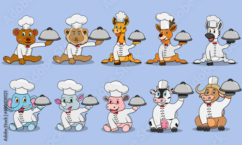 Ten Animals Character With Bring Food and Wear Chef Custom, Colors Background, Mascot, Icon, Character or Logo, Vector and Illustration.