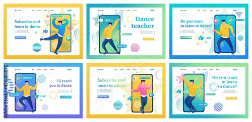 Collection of channel landing pages about dancing. Man takes videos, puts them on social networks, teaches dancing, likes, views