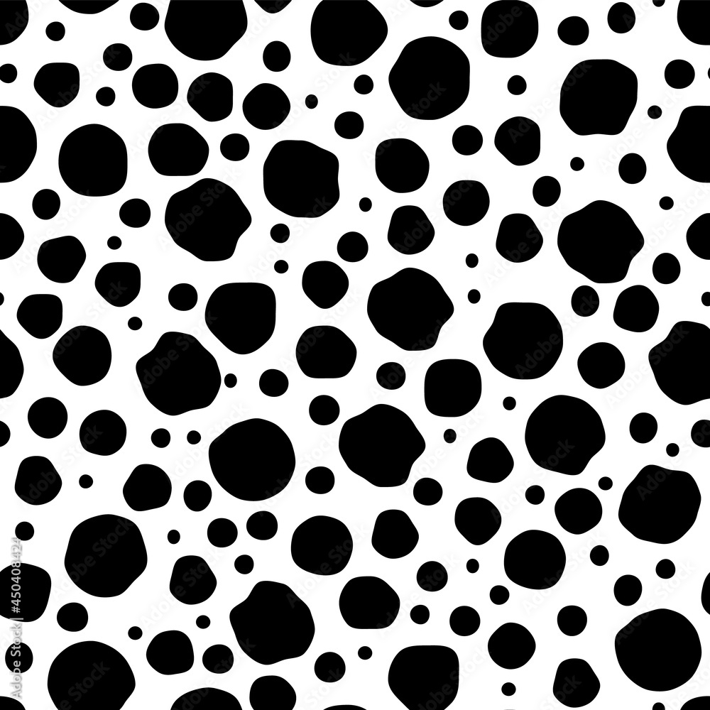 Fototapeta premium Black Dots and spots of various sizes in a chaotic manner on a white background, seamless pattern. Modern stylish texture. Monochrome minimalist graphic design.