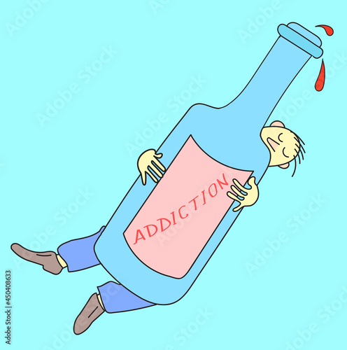 Caricature of an alcoholic. Man falls asleep and falls in  hug with bottle