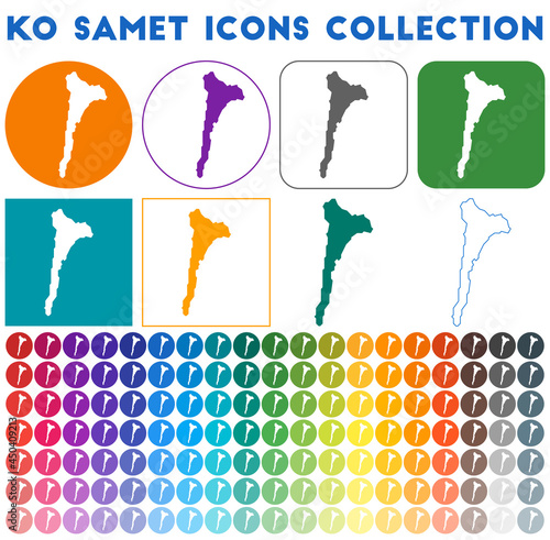 Ko Samet icons collection. Bright, colorful, trendy map icons. Modern Ko Samet badge with island map. Vector illustration.